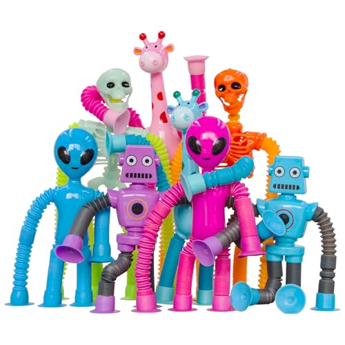 DoDoMagxanadu 8-Pack Pop Tube Fidget Toys: Telescopic Suction Cup Skeleton Robots, Skulls, Giraffes, and Aliens for Sensory Play and Stress Relief