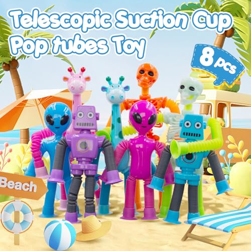 DoDoMagxanadu 8-Pack Pop Tube Fidget Toys: Telescopic Suction Cup Skeleton Robots, Skulls, Giraffes, and Aliens for Sensory Play and Stress Relief