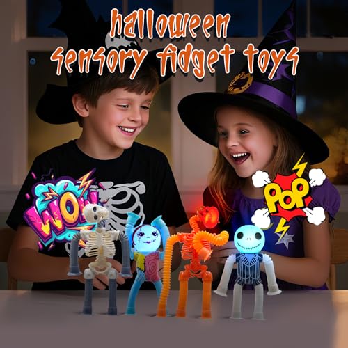 DoDoMagxanadu Halloween Pop Tubes Skeleton Fidget Toys 4 Pack – Telescopic Suction Cup Stress Relief for Kids and Adults