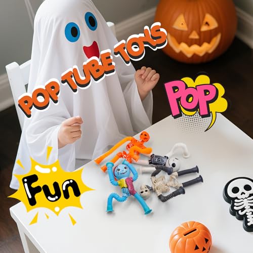 DoDoMagxanadu Halloween Pop Tubes Skeleton Fidget Toys 4 Pack – Telescopic Suction Cup Stress Relief for Kids and Adults