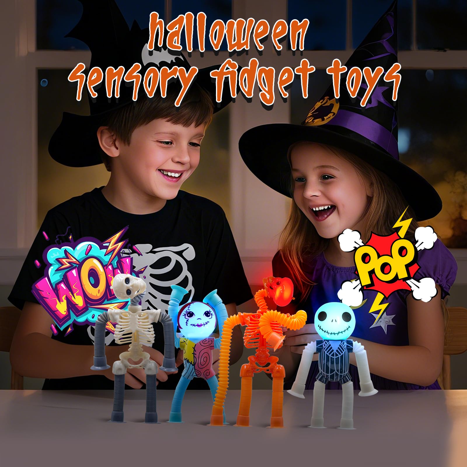 DoDoMagxanadu Halloween Pop Tubes Skeleton Fidget Toys 4 Pack – Telescopic Suction Cup Stress Relief for Kids and Adults
