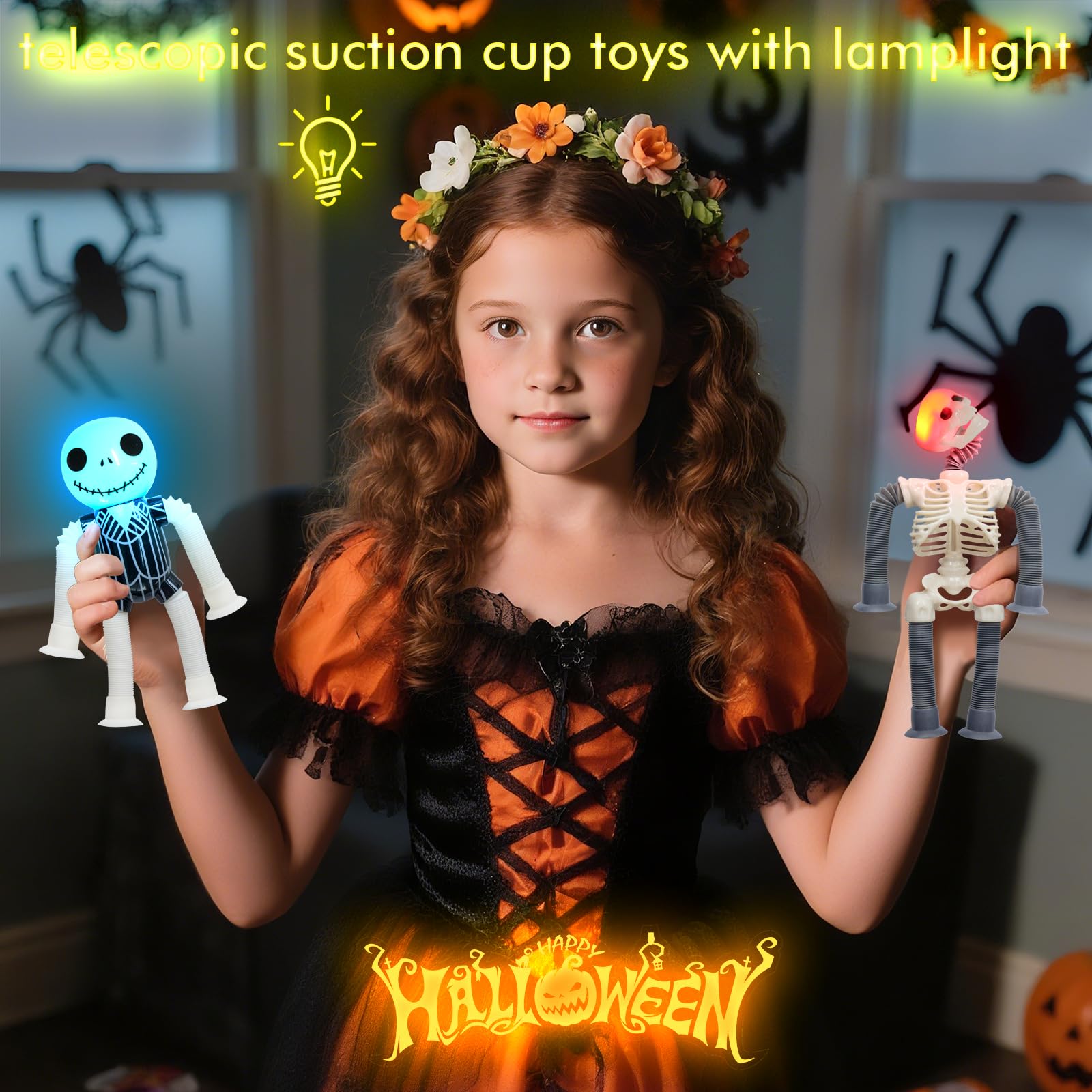 DoDoMagxanadu Halloween Pop Tubes Skeleton Fidget Toys 4 Pack – Telescopic Suction Cup Stress Relief for Kids and Adults