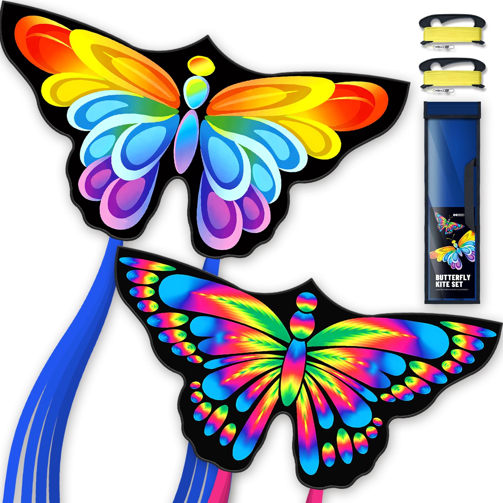 Doinfly 2-Pack Butterfly Kites for Kids and Adults, 55x27 Inch, Easy to Fly with 328ft String and Spool, Durable Polyester Fabric for Beach Park Backyard