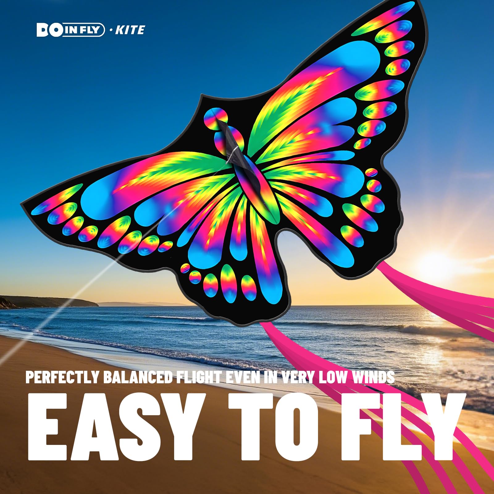 Doinfly 2-Pack Butterfly Kites for Kids and Adults, 55x27 Inch, Easy to Fly with 328ft String and Spool, Durable Polyester Fabric for Beach Park Backyard