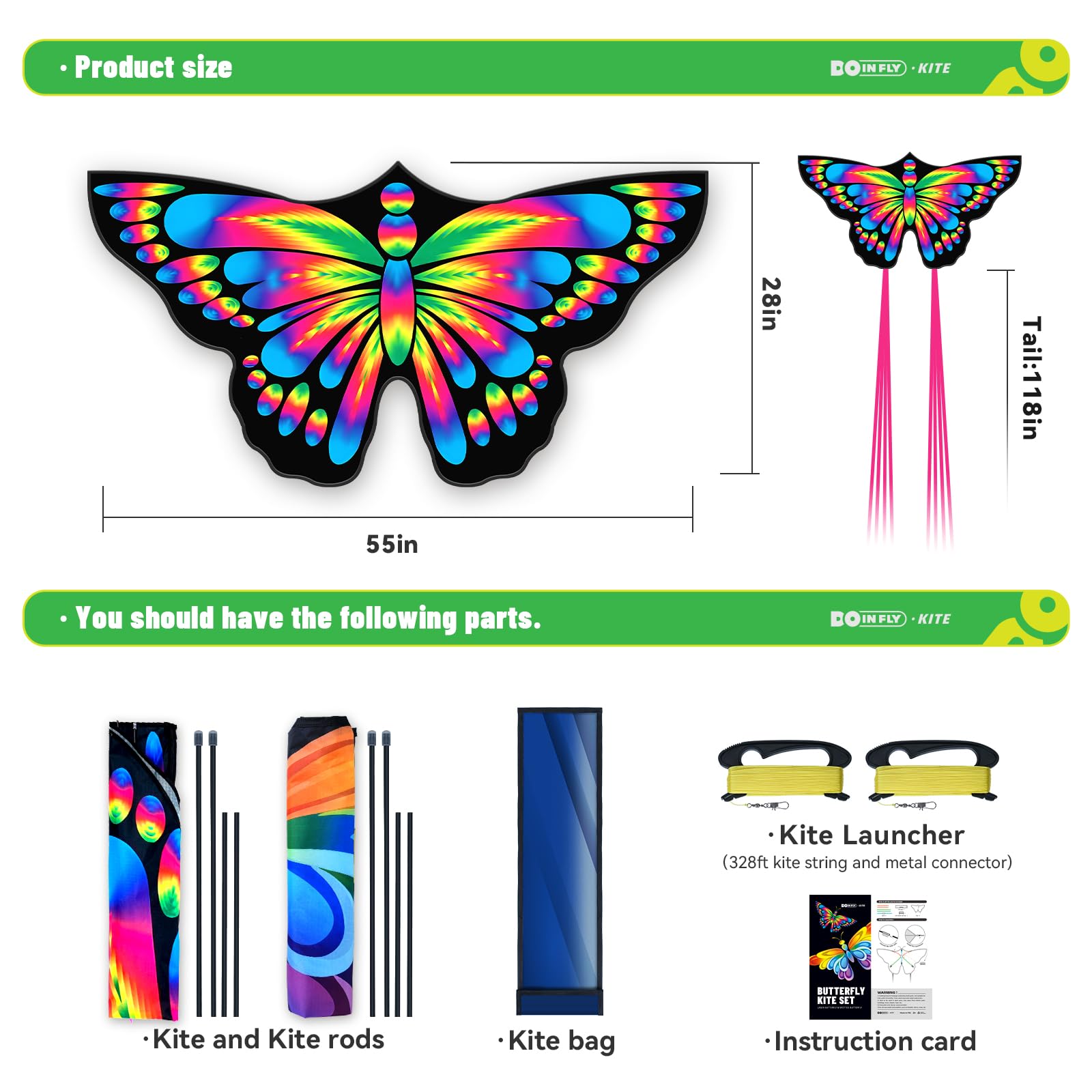 Doinfly 2-Pack Butterfly Kites for Kids and Adults, 55x27 Inch, Easy to Fly with 328ft String and Spool, Durable Polyester Fabric for Beach Park Backyard
