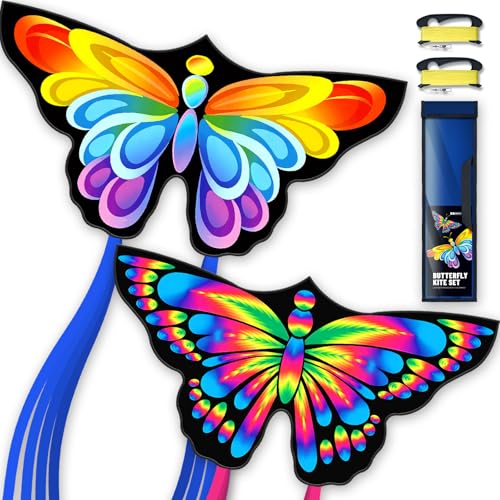 Doinfly 2-Pack Butterfly Kites for Kids and Adults, 55x27 Inch, Easy to Fly with 328ft String and Spool, Durable Polyester Fabric for Beach Park Backyard