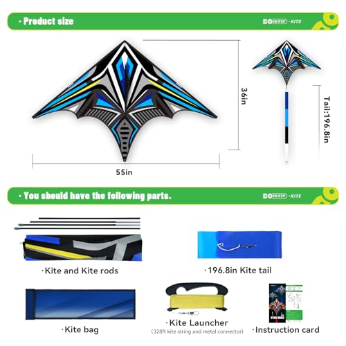 Doinfly Delta Mecha Kite 55x36 Inches – Easy to Fly for Kids & Adults, Blue Geometric
