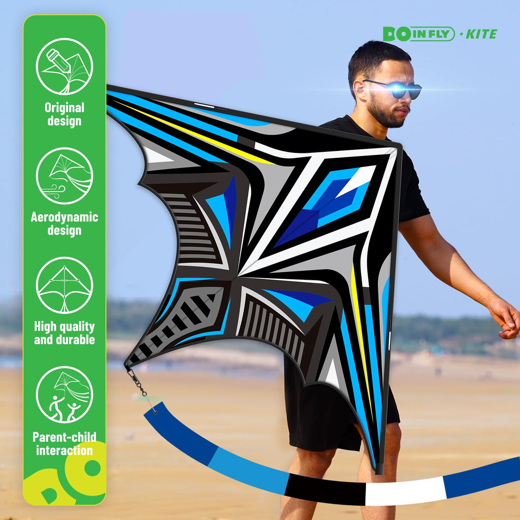 Doinfly Delta Mecha Kite 55x36 Inches – Easy to Fly for Kids & Adults, Blue Geometric