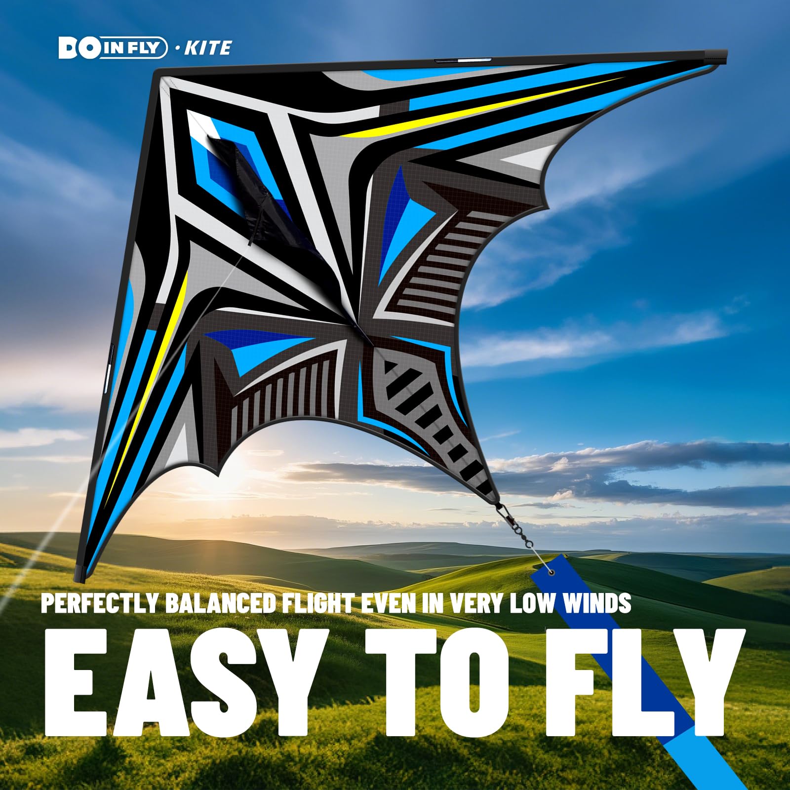 Doinfly Delta Mecha Kite 55x36 Inches – Easy to Fly for Kids & Adults, Blue Geometric