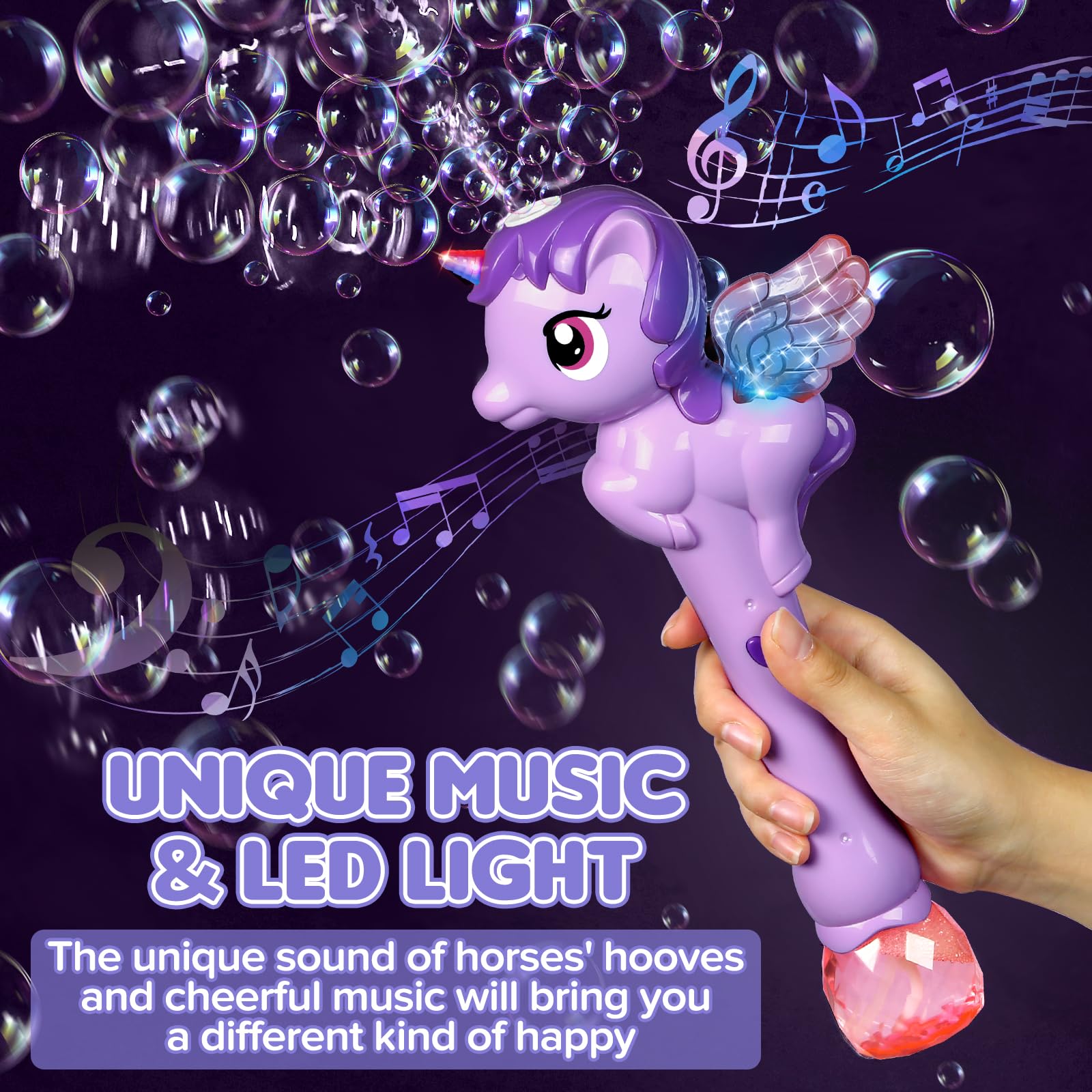 Dolanus Unicorn Bubble Wand with Lights and Music for Kids Ages 3-6, Purple