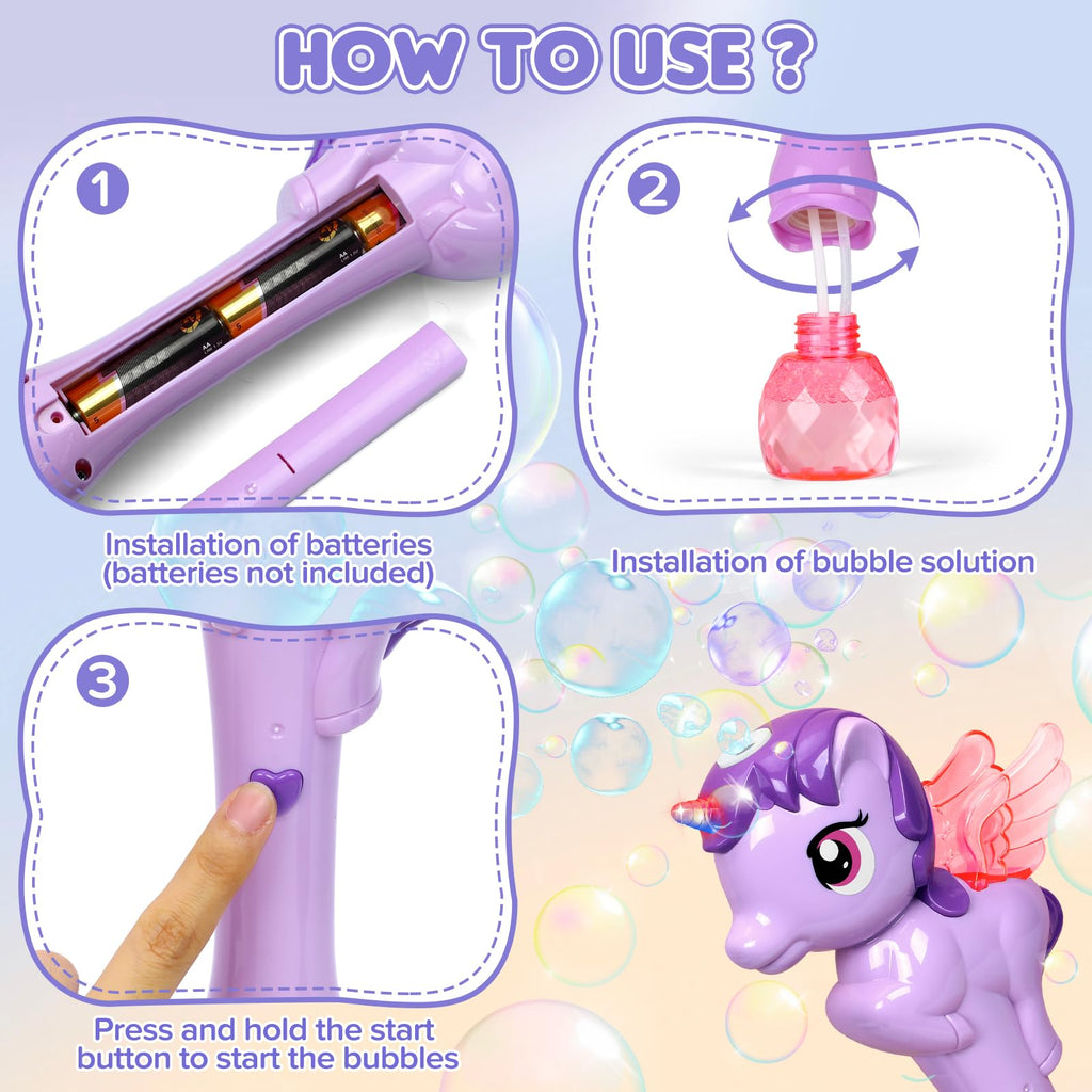 Dolanus Unicorn Bubble Wand with Lights and Music for Kids Ages 3-6, Purple