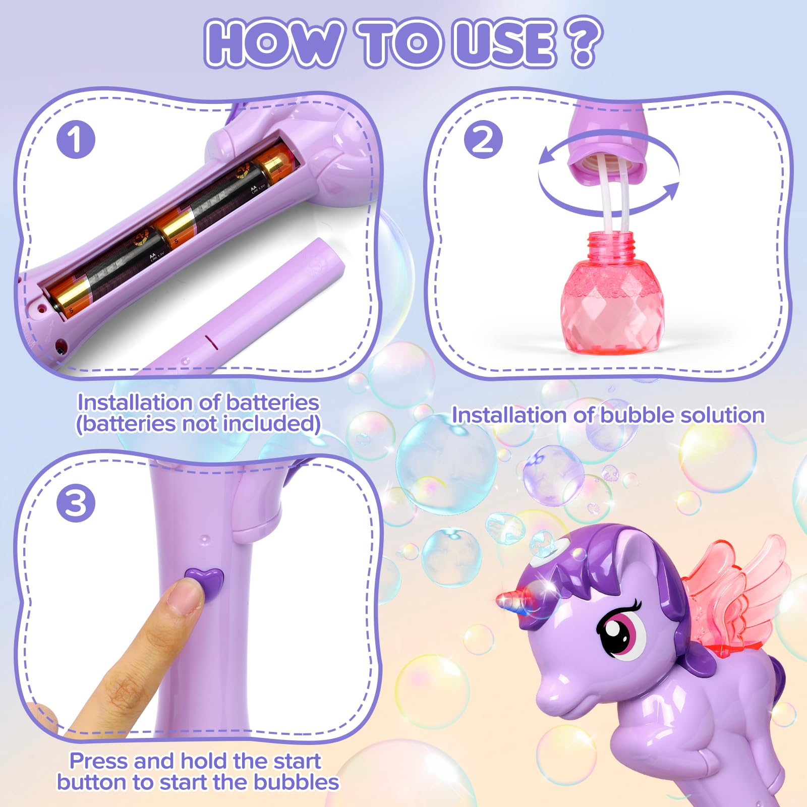 Dolanus Unicorn Bubble Wand with Lights and Music for Kids Ages 3-6, Purple