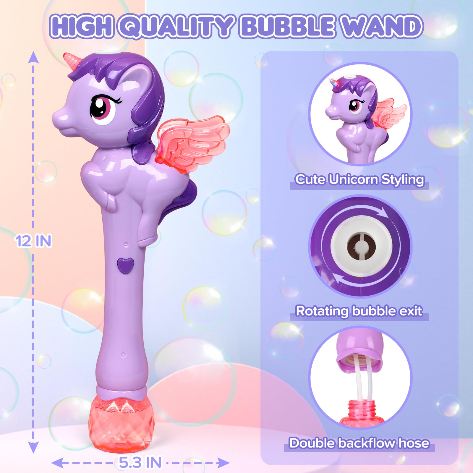 Dolanus Unicorn Bubble Wand with Lights and Music for Kids Ages 3-6, Purple
