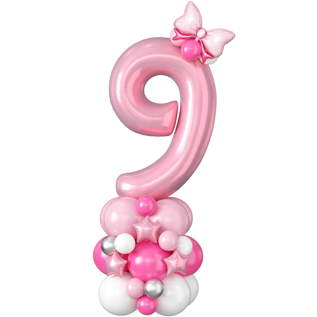 Domgoge 40 Inch Pink Number 9 Balloon Tower Set for 9th Birthday - Pastel Pink Foil & Latex Balloons with Stars, Bow, and DIY Accessories
