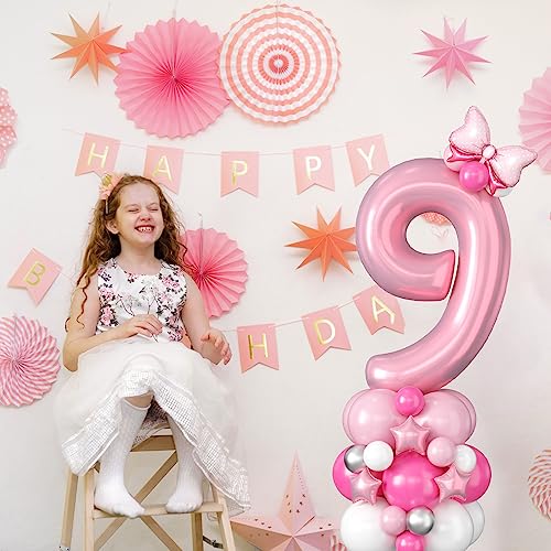 Domgoge 40 Inch Pink Number 9 Balloon Tower Set for 9th Birthday - Pastel Pink Foil & Latex Balloons with Stars, Bow, and DIY Accessories