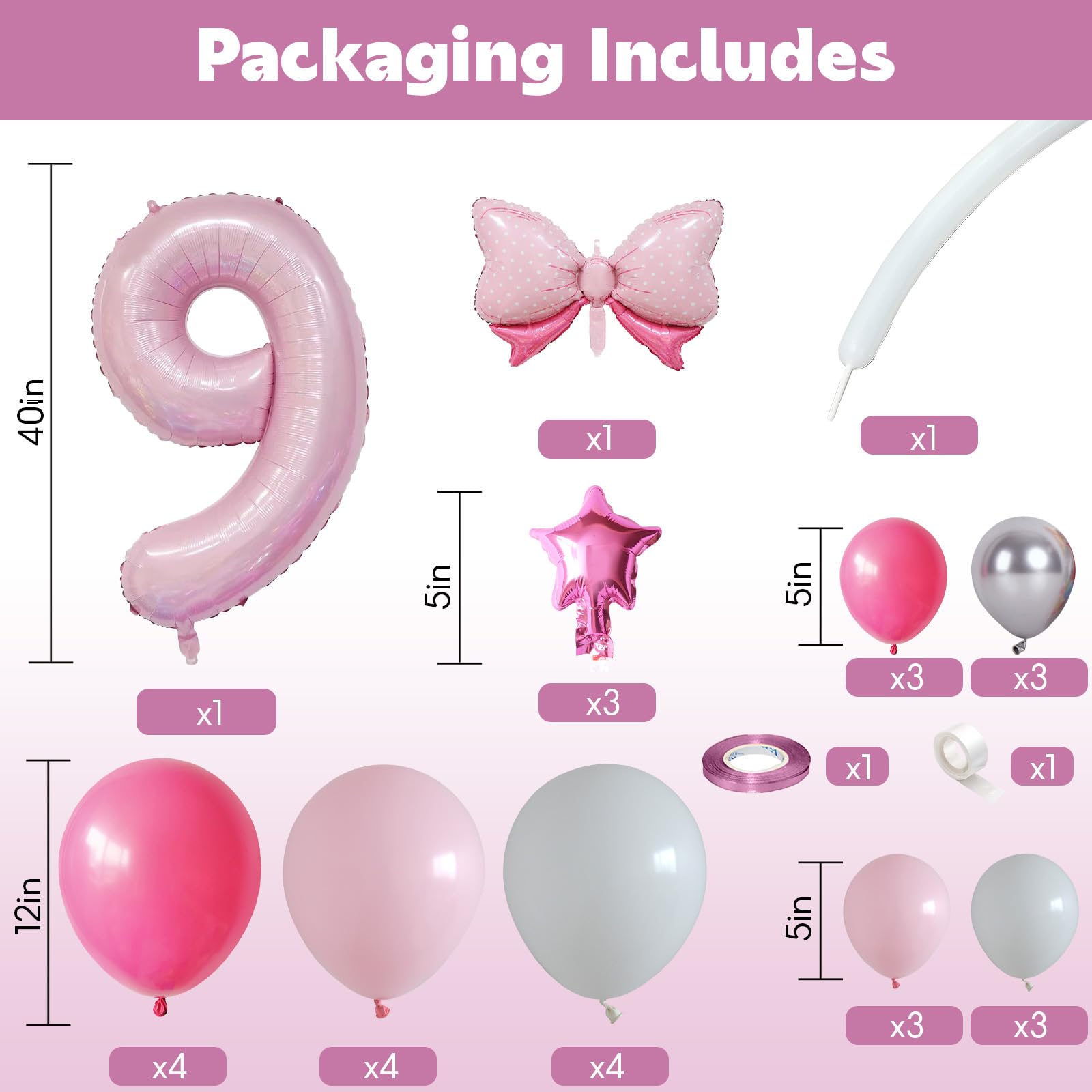 Domgoge 40 Inch Pink Number 9 Balloon Tower Set for 9th Birthday - Pastel Pink Foil & Latex Balloons with Stars, Bow, and DIY Accessories