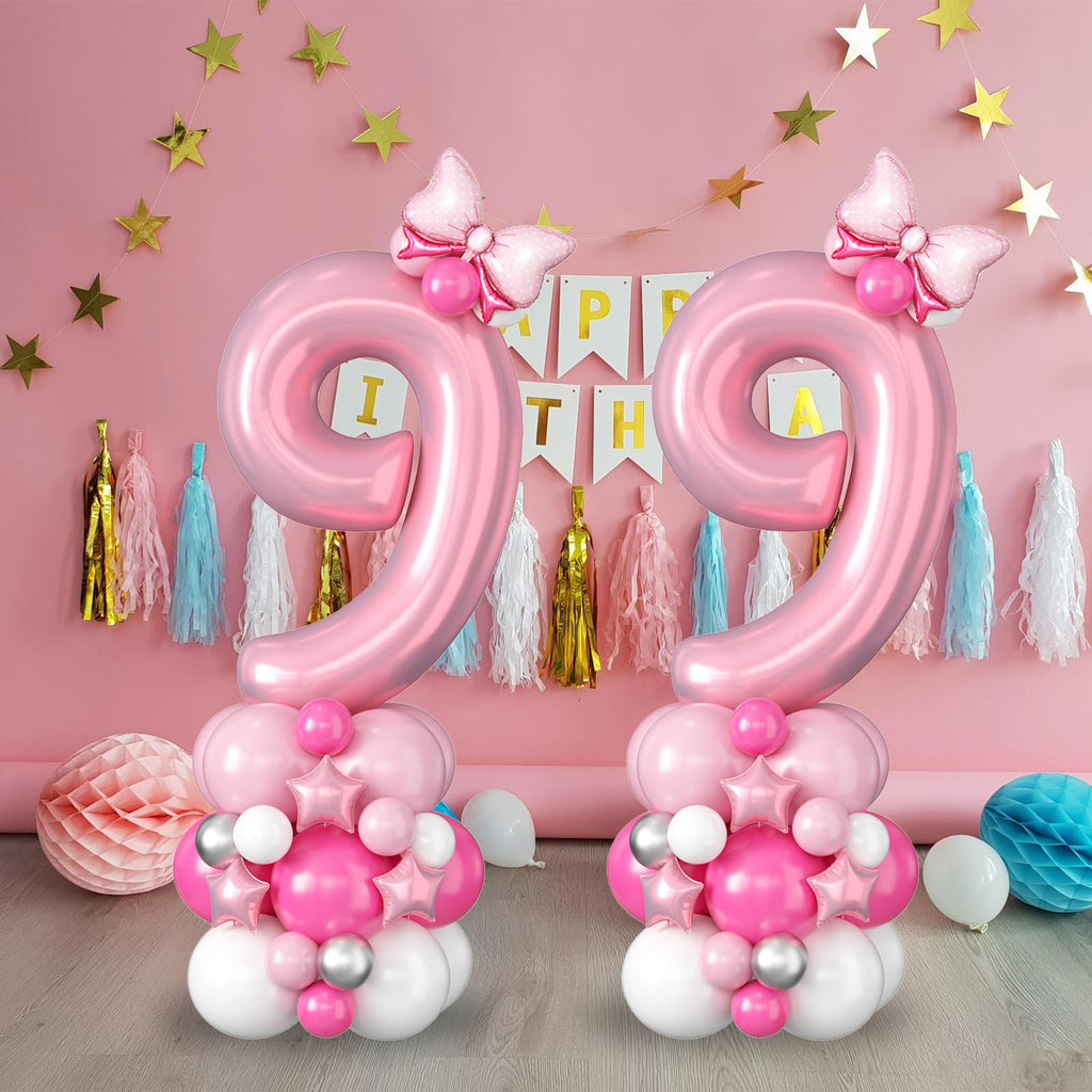 Domgoge 40 Inch Pink Number 9 Balloon Tower Set for 9th Birthday - Pastel Pink Foil & Latex Balloons with Stars, Bow, and DIY Accessories
