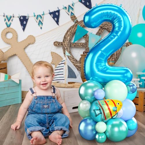 Domgoge Ocean Number 2 Balloon Tower Set – 40-Inch Foil, Shark & Octopus – Under the Sea Birthday Decor
