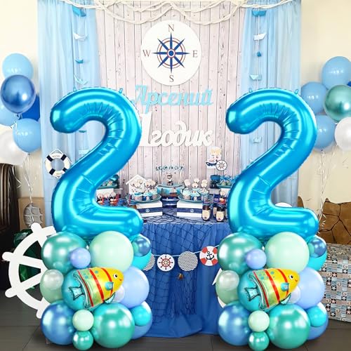 Domgoge Ocean Number 2 Balloon Tower Set – 40-Inch Foil, Shark & Octopus – Under the Sea Birthday Decor