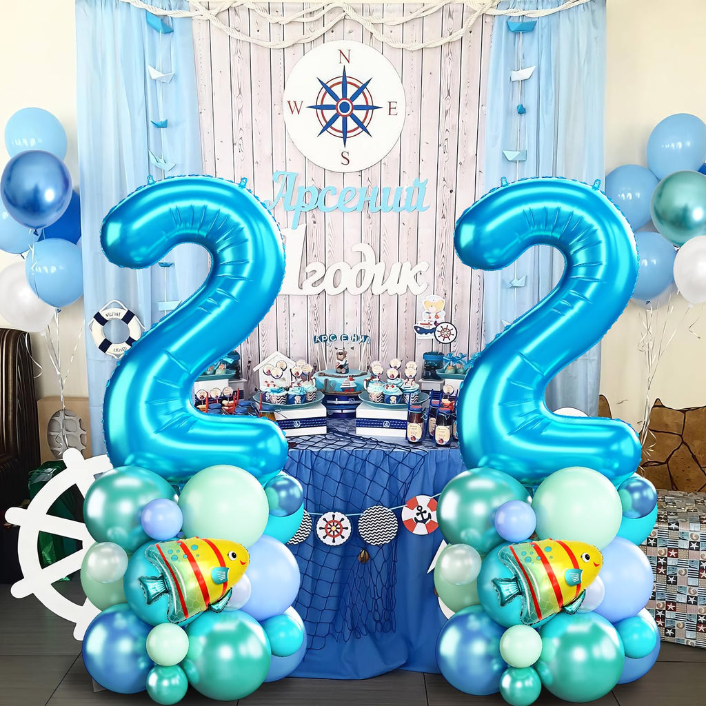 Domgoge Ocean Number 2 Balloon Tower Set – 40-Inch Foil, Shark & Octopus – Under the Sea Birthday Decor
