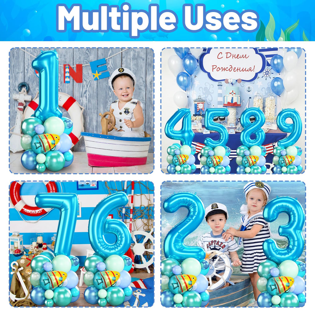 Domgoge Ocean Number 2 Balloon Tower Set – 40-Inch Foil, Shark & Octopus – Under the Sea Birthday Decor