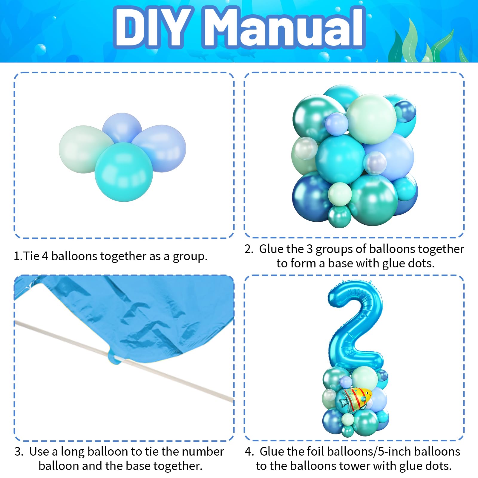 Domgoge Ocean Number 2 Balloon Tower Set – 40-Inch Foil, Shark & Octopus – Under the Sea Birthday Decor