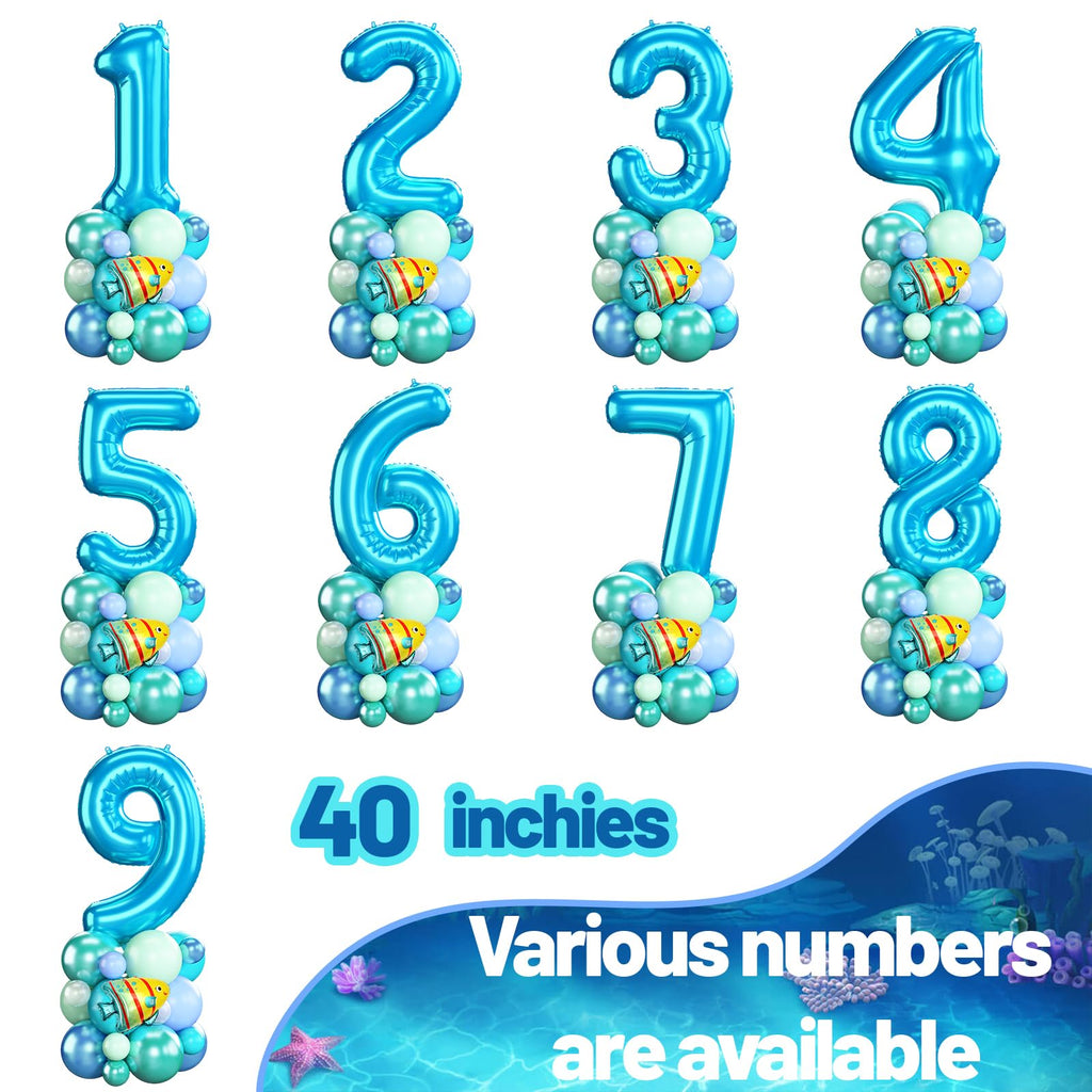 Domgoge Ocean Number 2 Balloon Tower Set – 40-Inch Foil, Shark & Octopus – Under the Sea Birthday Decor