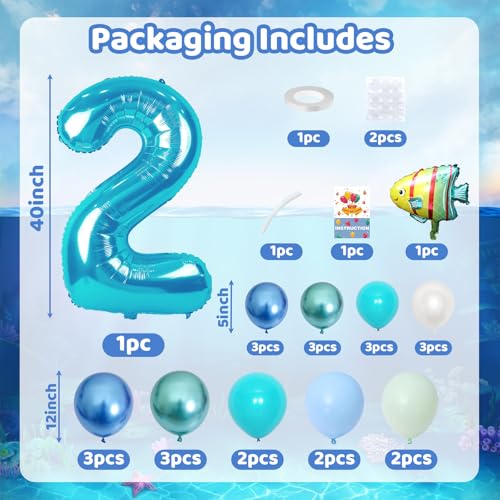 Domgoge Ocean Number 2 Balloon Tower Set – 40-Inch Foil, Shark & Octopus – Under the Sea Birthday Decor