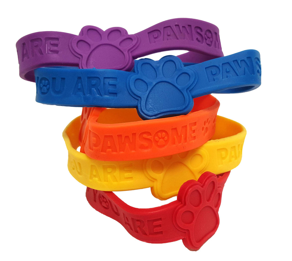 Dondor 'You Are Pawsome' Paw Print Rubber Bracelets - Pack of 24 Neon Party Favors for Kids
