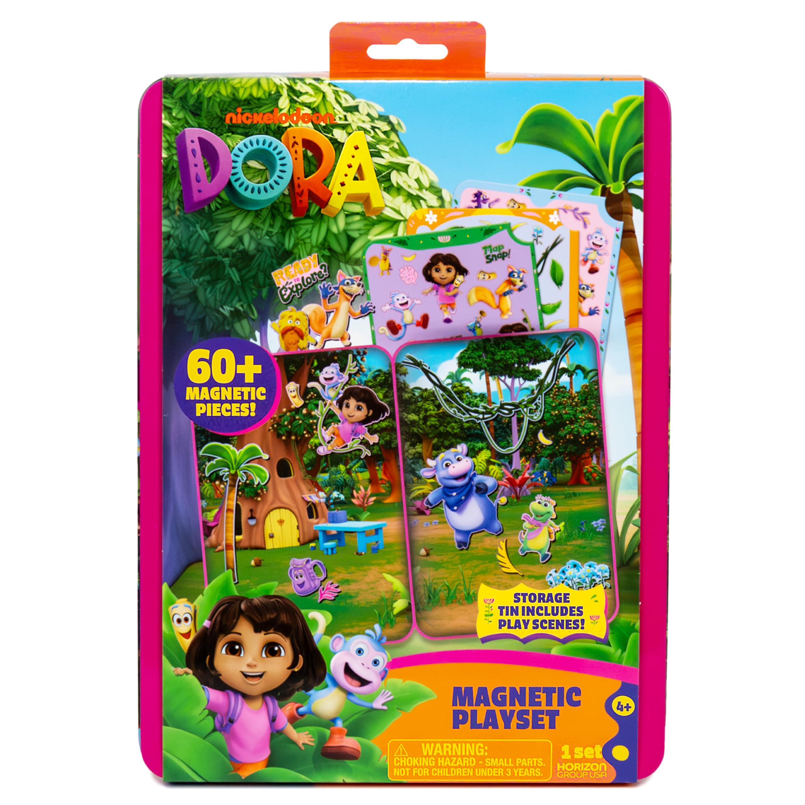 Dora Magnetic Playset - 75 Pieces, Portable Tin, Travel Toy for Ages 4+