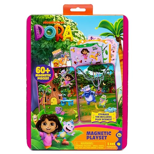 Dora Magnetic Playset - 75 Pieces, Portable Tin, Travel Toy for Ages 4+