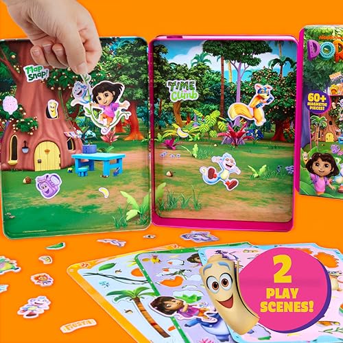 Dora Magnetic Playset - 75 Pieces, Portable Tin, Travel Toy for Ages 4+