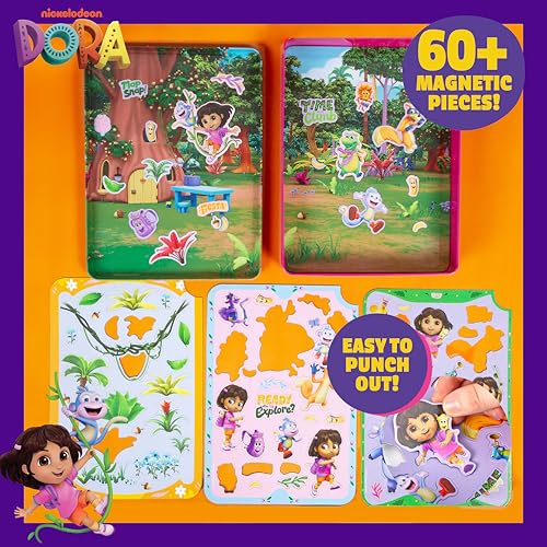 Dora Magnetic Playset - 75 Pieces, Portable Tin, Travel Toy for Ages 4+