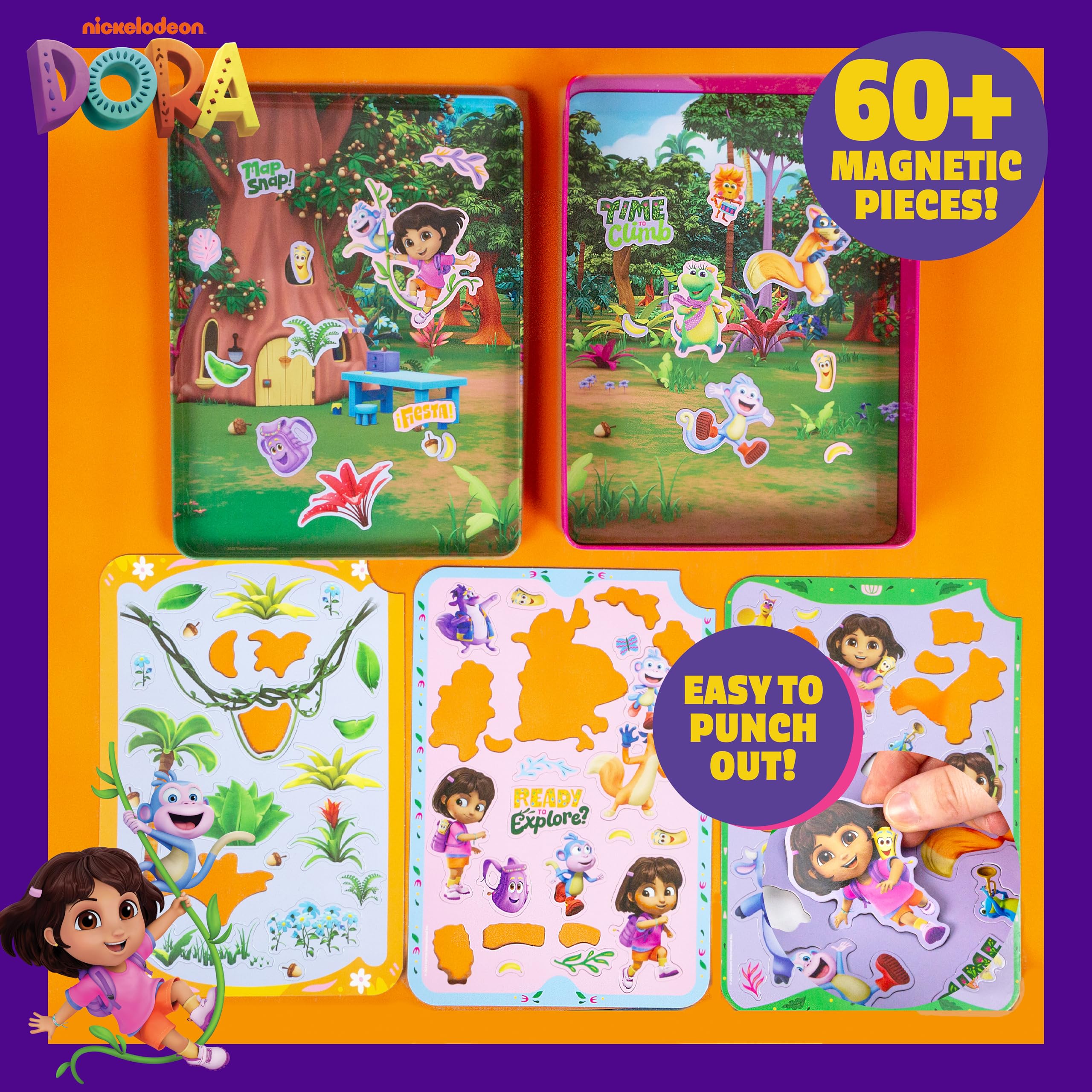 Dora Magnetic Playset - 75 Pieces, Portable Tin, Travel Toy for Ages 4+