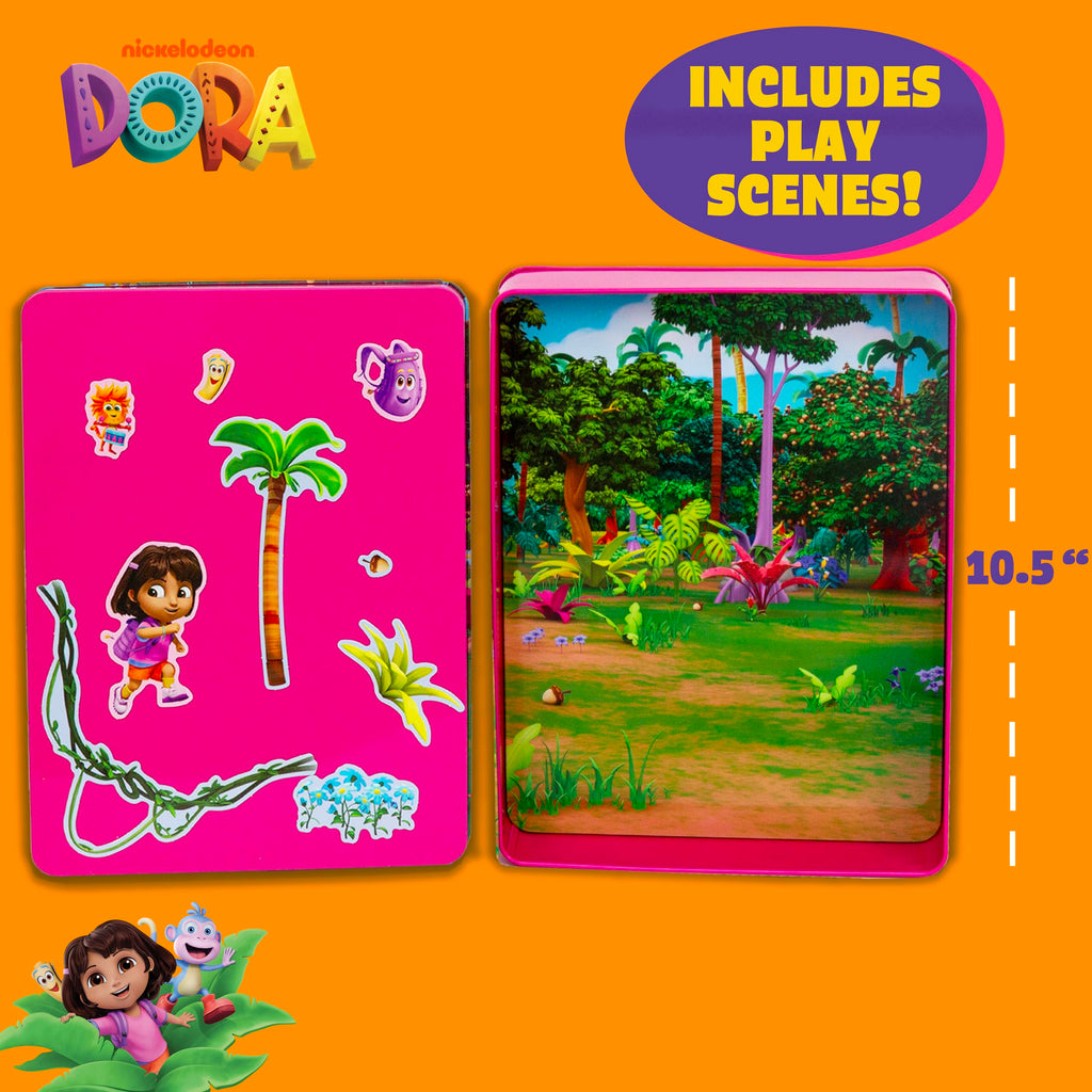 Dora Magnetic Playset - 75 Pieces, Portable Tin, Travel Toy for Ages 4+
