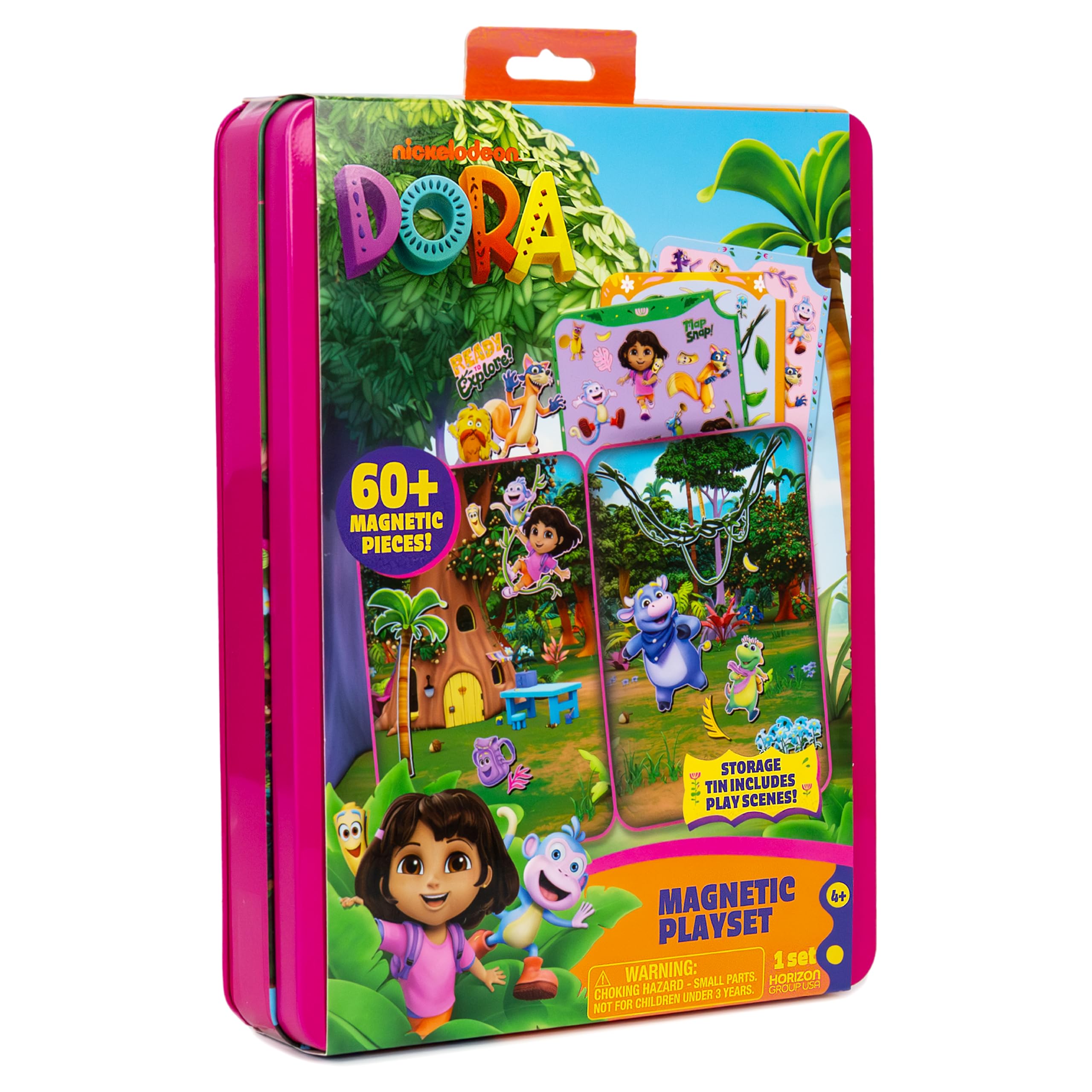 Dora Magnetic Playset - 75 Pieces, Portable Tin, Travel Toy for Ages 4+