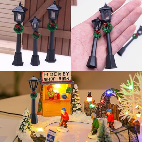 DoubleWood 20-Piece Miniature Street Lamp Set with Wreath Design for Christmas Village and Dollhouse Décor
