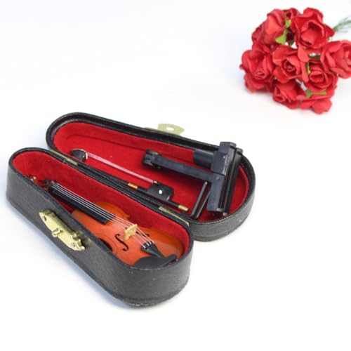 DoubleWood Miniature Violin – 3.15" Wooden Dollhouse Decor with Stand, Bow & Case