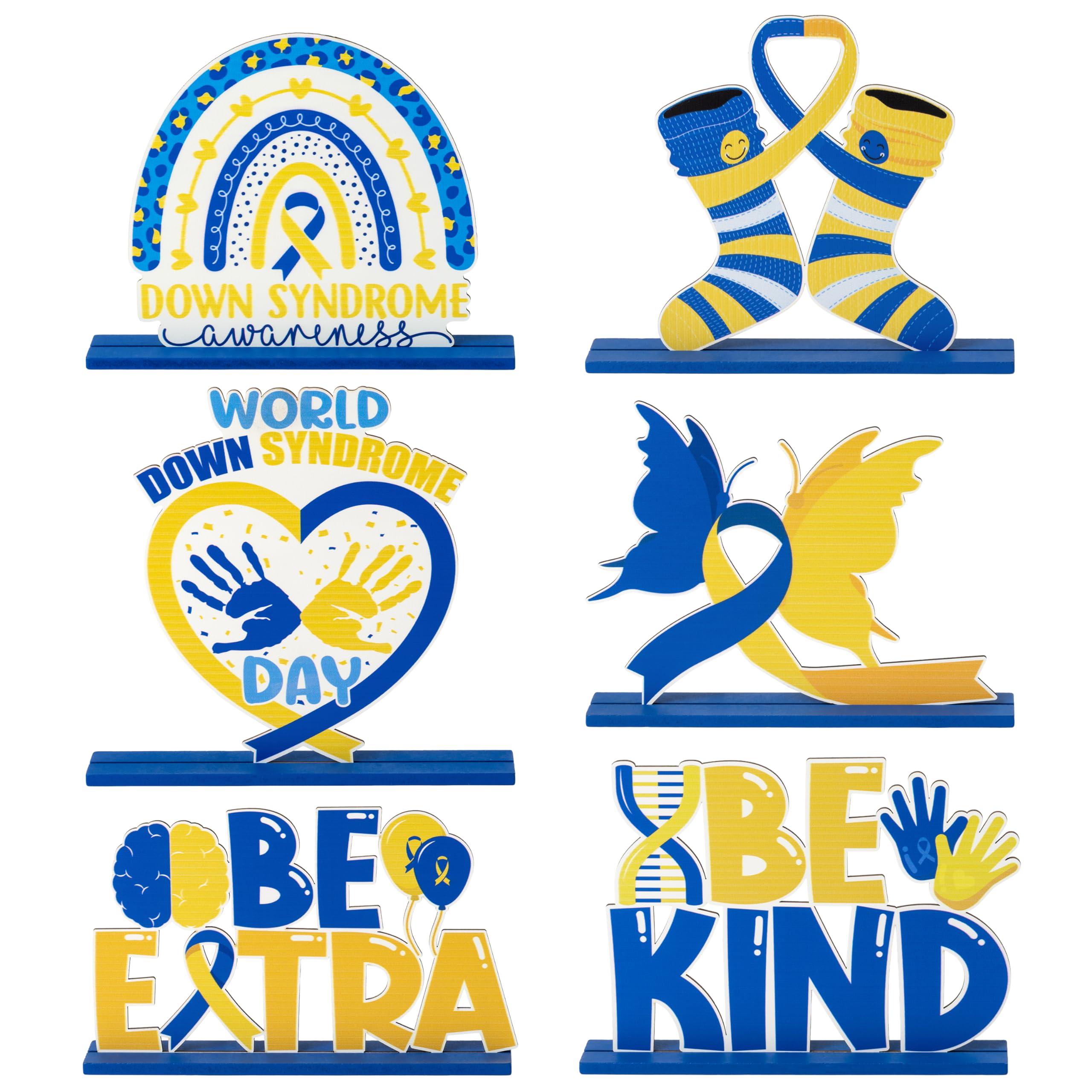 Down Syndrome Awareness Wooden Tiered Tray Decorations – 6-Piece Set with Yellow Blue Ribbon Signs