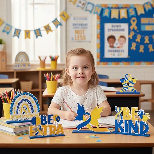 Down Syndrome Awareness Wooden Tiered Tray Decorations – 6-Piece Set with Yellow Blue Ribbon Signs
