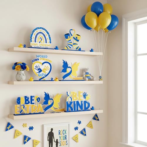Down Syndrome Awareness Wooden Tiered Tray Decorations – 6-Piece Set with Yellow Blue Ribbon Signs