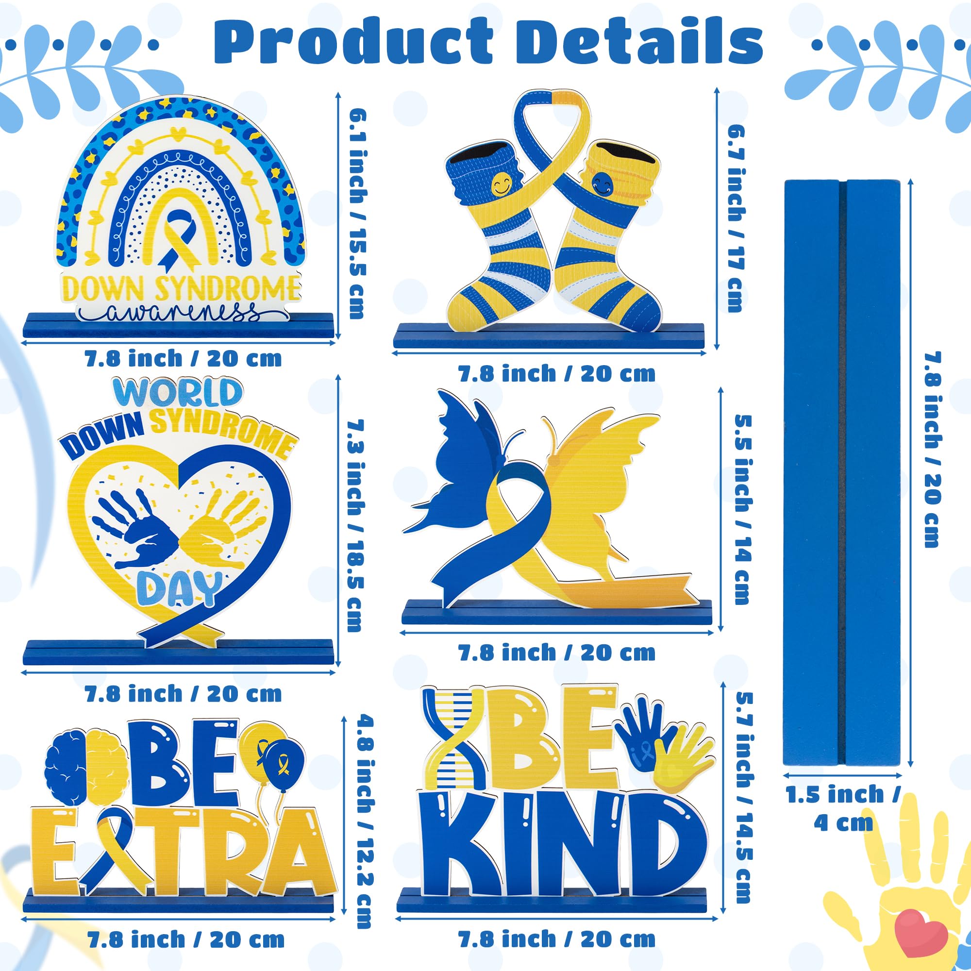 Down Syndrome Awareness Wooden Tiered Tray Decorations – 6-Piece Set with Yellow Blue Ribbon Signs