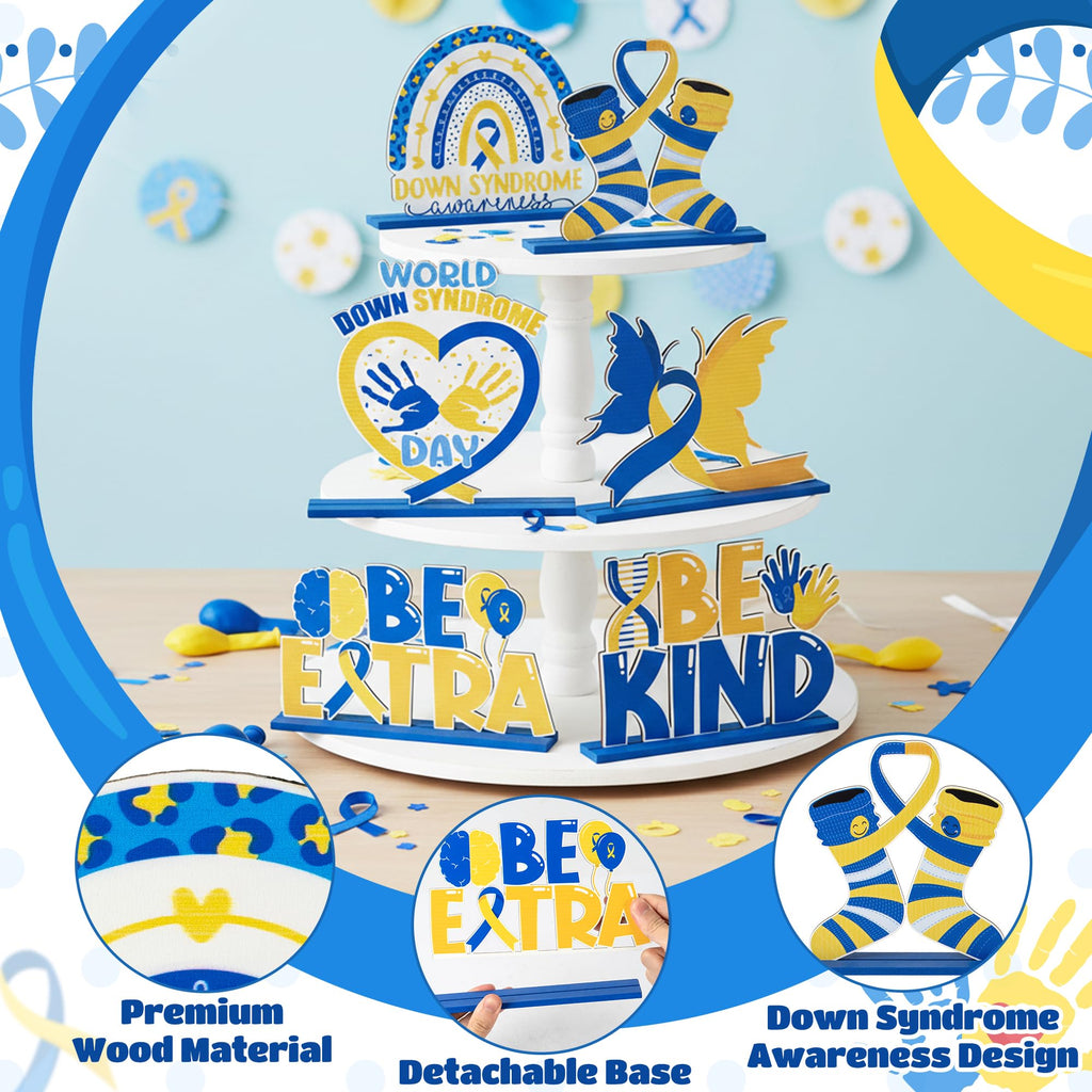 Down Syndrome Awareness Wooden Tiered Tray Decorations – 6-Piece Set with Yellow Blue Ribbon Signs