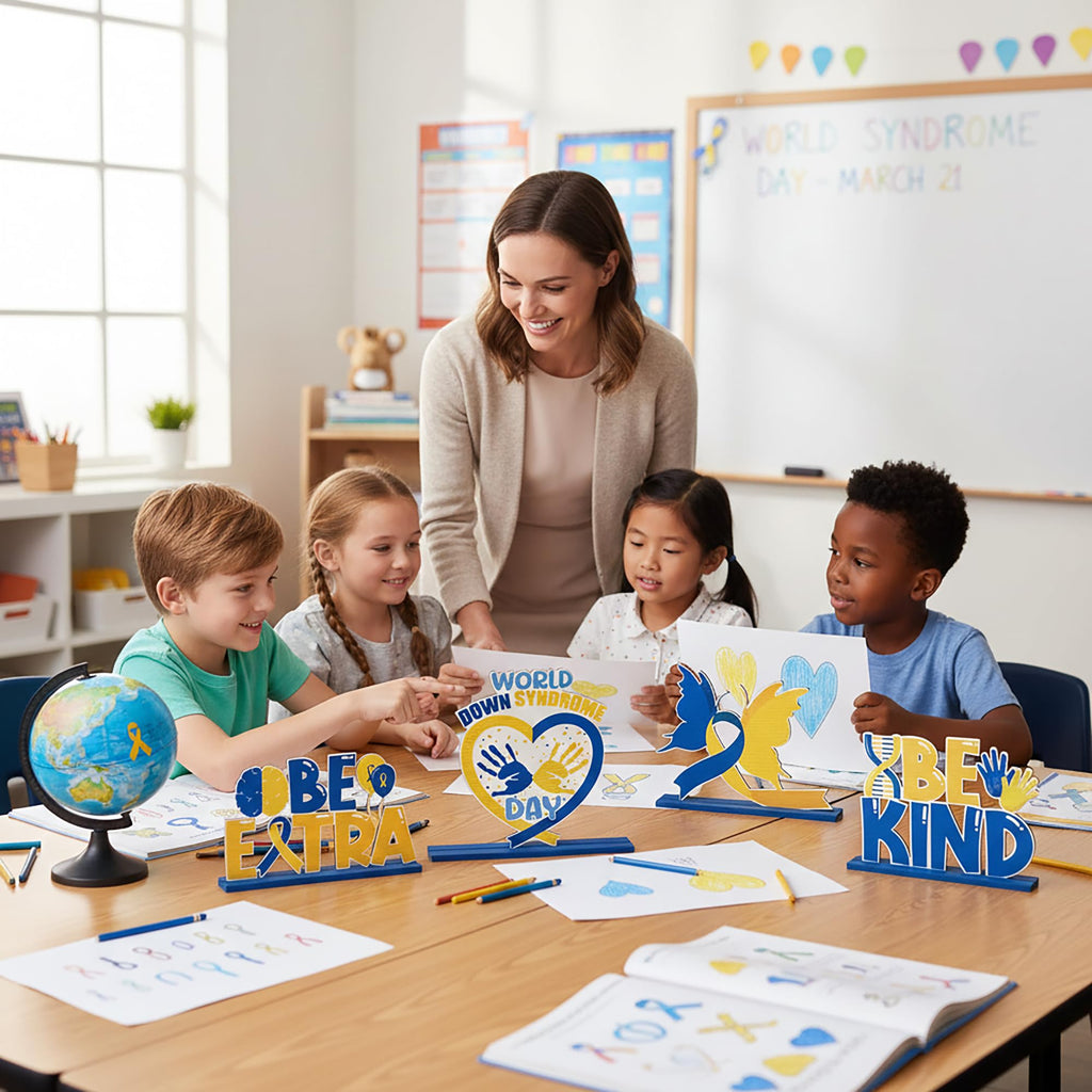Down Syndrome Awareness Wooden Tiered Tray Decorations – 6-Piece Set with Yellow Blue Ribbon Signs