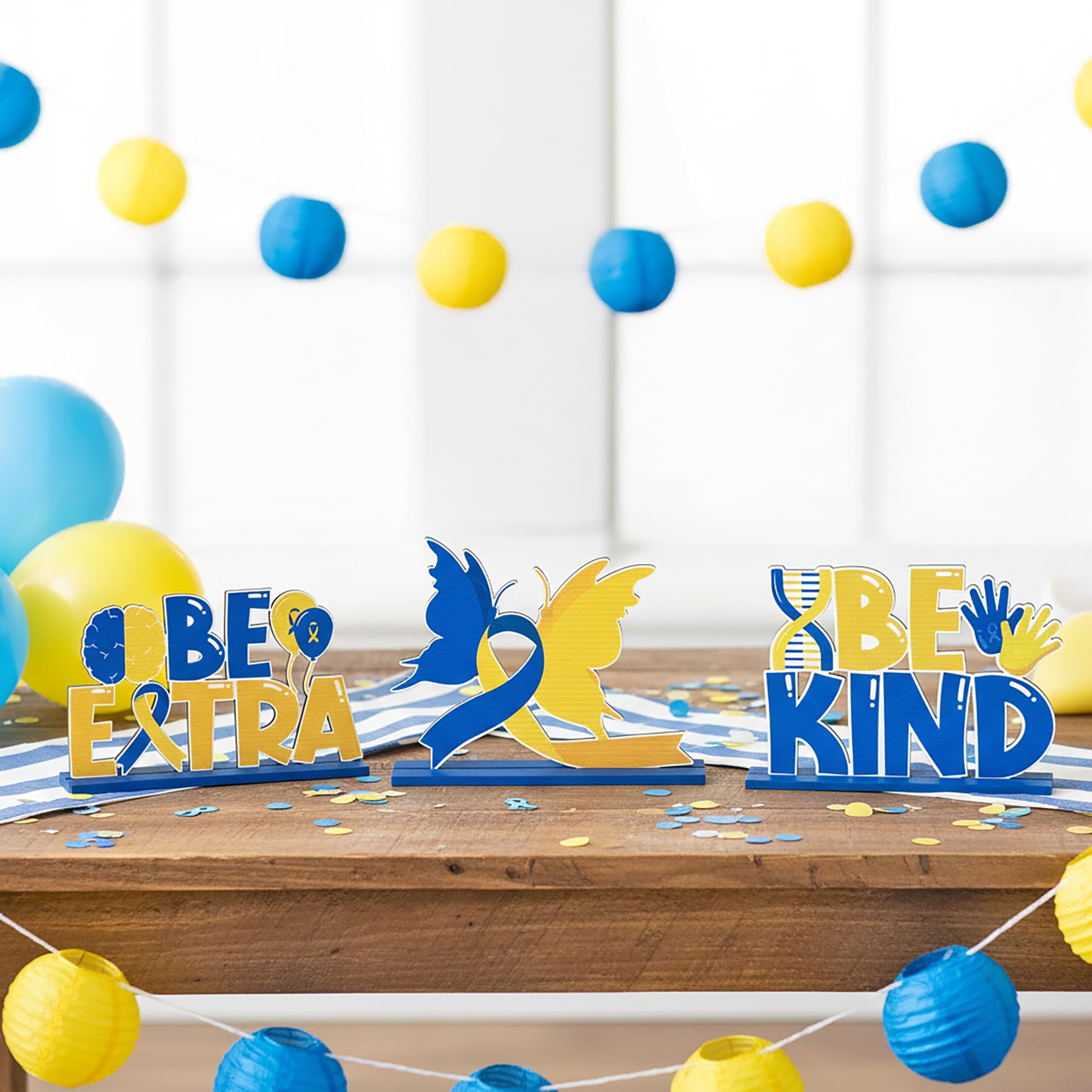 Down Syndrome Awareness Wooden Tiered Tray Decorations – 6-Piece Set with Yellow Blue Ribbon Signs