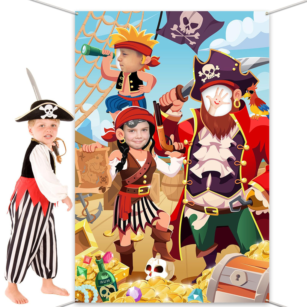 DPKOW Kids Pirate Photo Prop Banner - Fun Face in Hole Backdrop for Birthday Party Decorations, 3.3x6ft