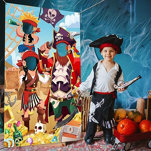 DPKOW Kids Pirate Photo Prop Banner - Fun Face in Hole Backdrop for Birthday Party Decorations, 3.3x6ft