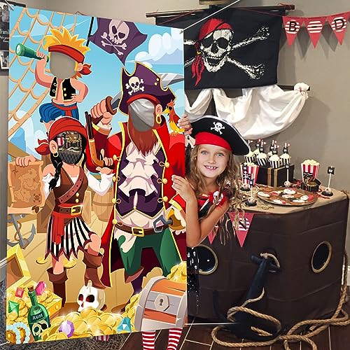 DPKOW Kids Pirate Photo Prop Banner - Fun Face in Hole Backdrop for Birthday Party Decorations, 3.3x6ft