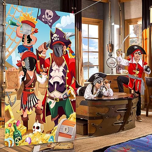 DPKOW Kids Pirate Photo Prop Banner - Fun Face in Hole Backdrop for Birthday Party Decorations, 3.3x6ft