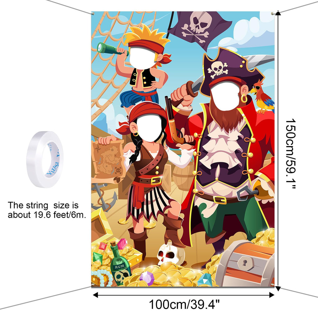 DPKOW Kids Pirate Photo Prop Banner - Fun Face in Hole Backdrop for Birthday Party Decorations, 3.3x6ft